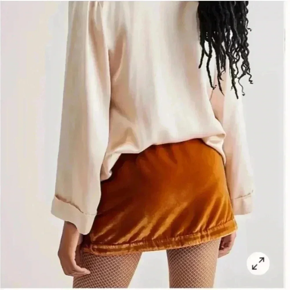 NEW Free People Annalise Velvet Mini Skirt Gold Burnt Orange Sz 2